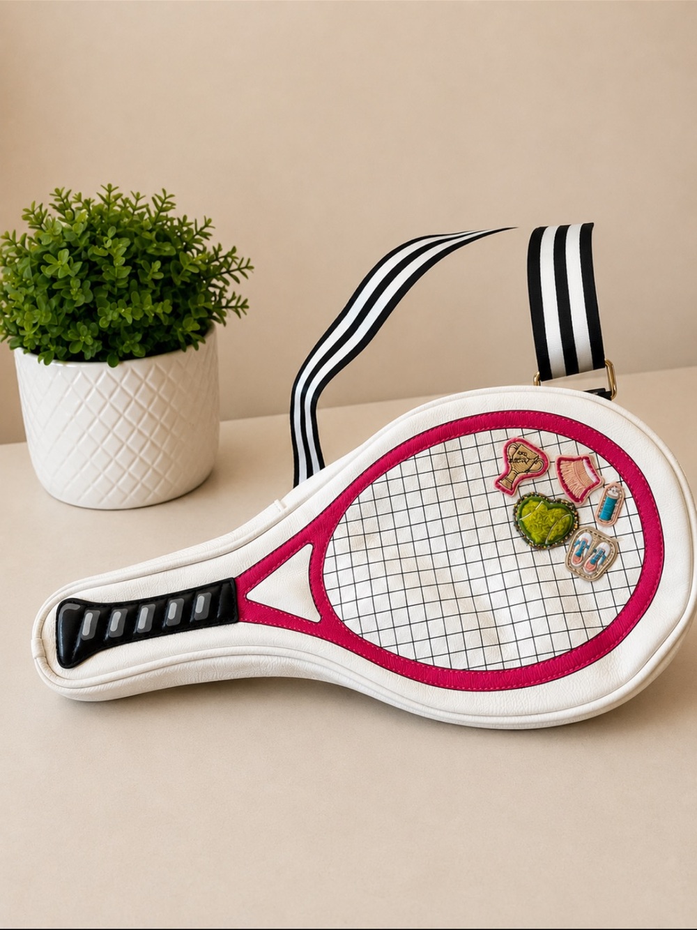 Betsey Johnson Tennis Racket Crossbody Bag White Pink Novelty Purse Sporty Chic - Picture 2 of 7